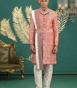 banarasi jacquard peach wedding wear hand embroidery readymade groom