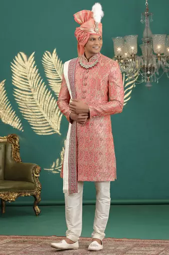 banarasi jacquard peach wedding wear hand embroidery readymade groom