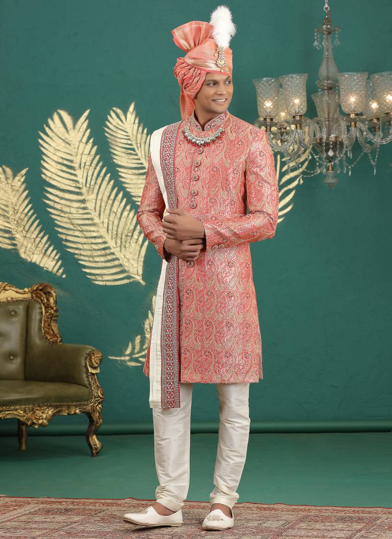 banarasi jacquard peach wedding wear hand embroidery readymade groom