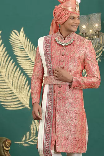banarasi jacquard peach wedding wear hand embroidery readymade groom