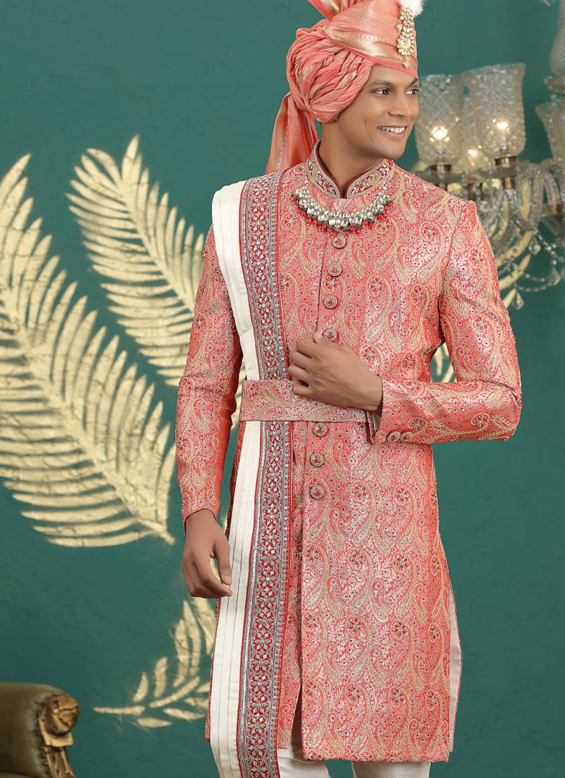 banarasi jacquard peach wedding wear hand embroidery readymade groom