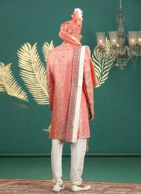 banarasi jacquard peach wedding wear hand embroidery readymade groom 4