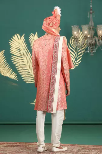 banarasi jacquard peach wedding wear hand embroidery readymade groom