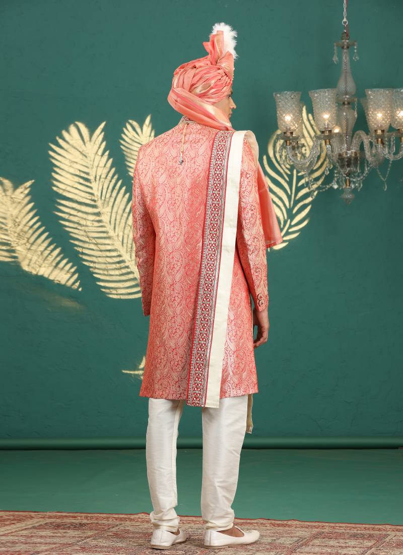 banarasi jacquard peach wedding wear hand embroidery readymade groom