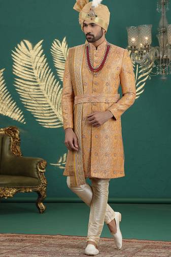 banarasi jacquard mustard wedding wear hand embroidery readymade groom