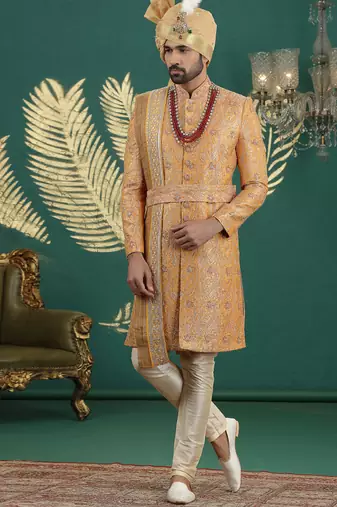 banarasi jacquard mustard wedding wear hand embroidery readymade groom