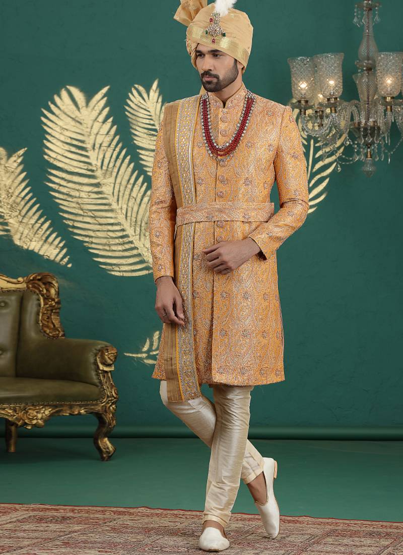 banarasi jacquard mustard wedding wear hand embroidery readymade groom