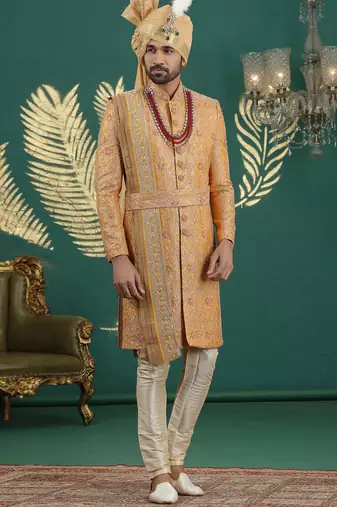 banarasi jacquard mustard wedding wear hand embroidery readymade groom