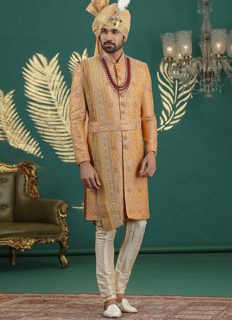 banarasi jacquard mustard wedding wear hand embroidery readymade groom