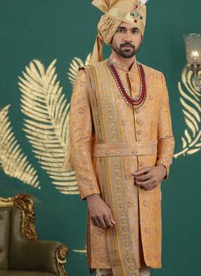 banarasi jacquard mustard wedding wear hand embroidery readymade groom 3