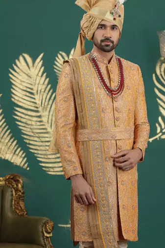 banarasi jacquard mustard wedding wear hand embroidery readymade groom