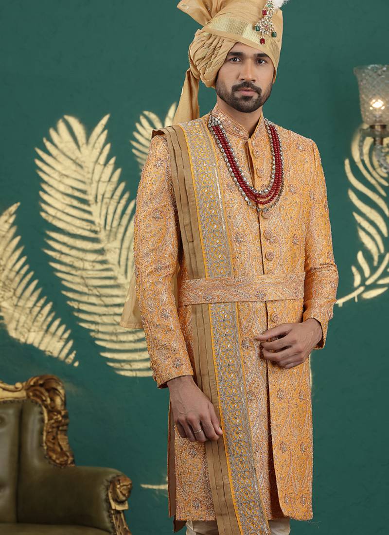 banarasi jacquard mustard wedding wear hand embroidery readymade groom