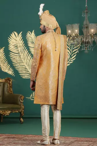 banarasi jacquard mustard wedding wear hand embroidery readymade groom