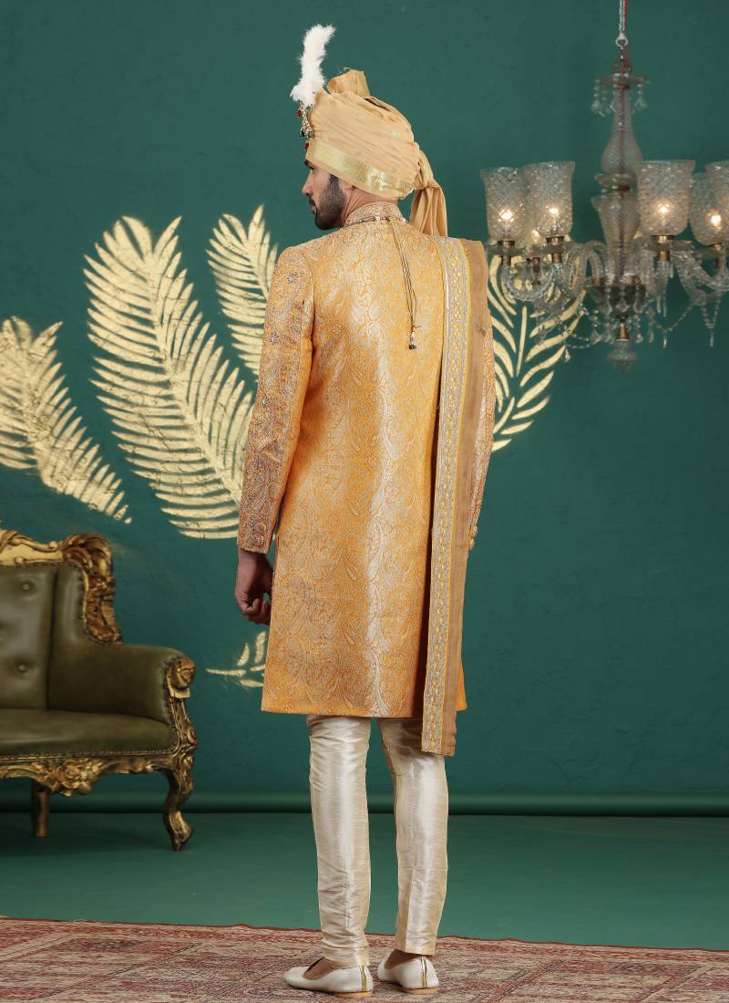 banarasi jacquard mustard wedding wear hand embroidery readymade groom