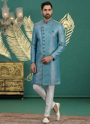 banarasi jacquard blue wedding wear neck work readymade groom 1