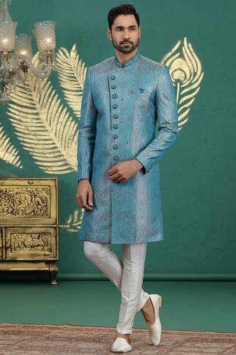 banarasi jacquard blue wedding wear neck work readymade groom