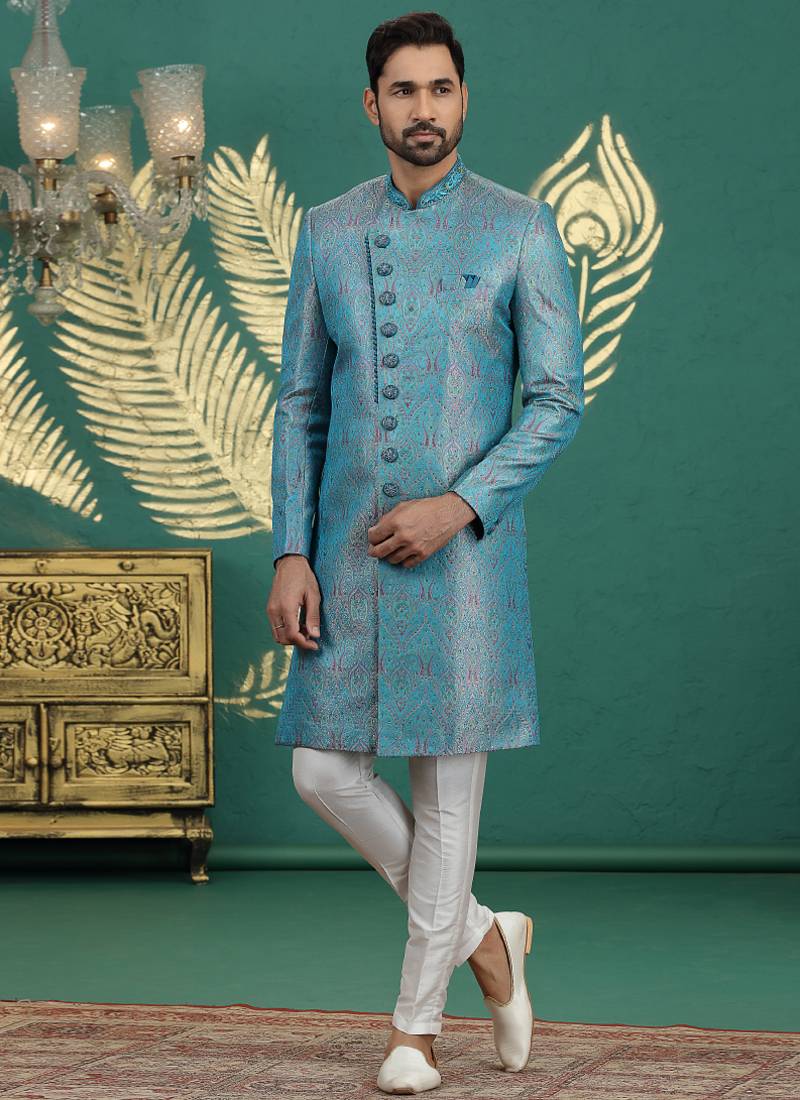 banarasi jacquard blue wedding wear neck work readymade groom