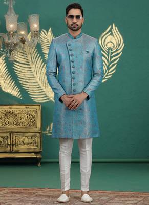 banarasi jacquard blue wedding wear neck work readymade groom 2