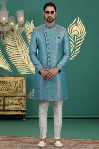 banarasi jacquard blue wedding wear neck work readymade groom