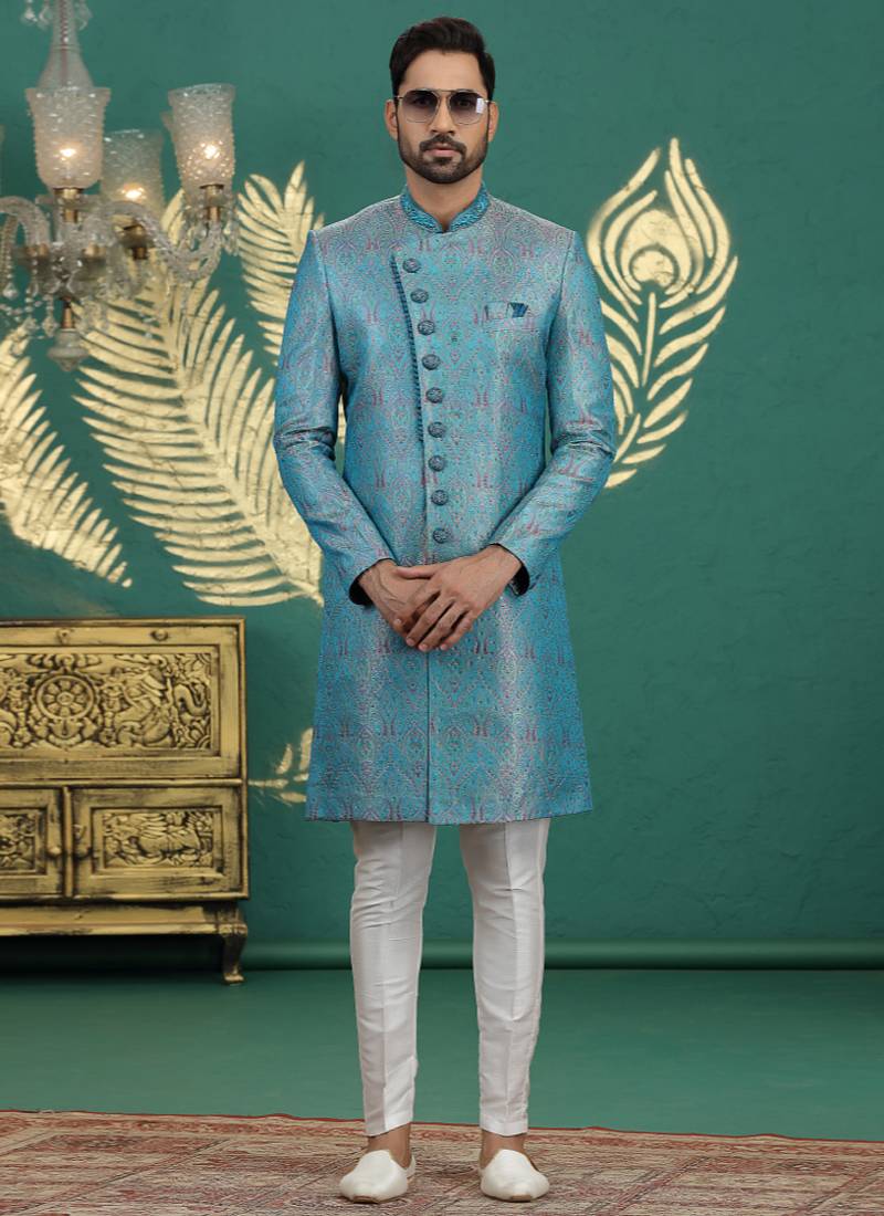 banarasi jacquard blue wedding wear neck work readymade groom