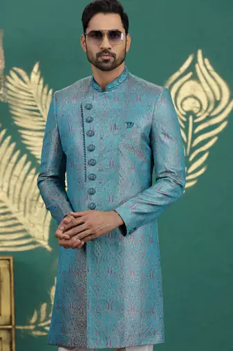 banarasi jacquard blue wedding wear neck work readymade groom