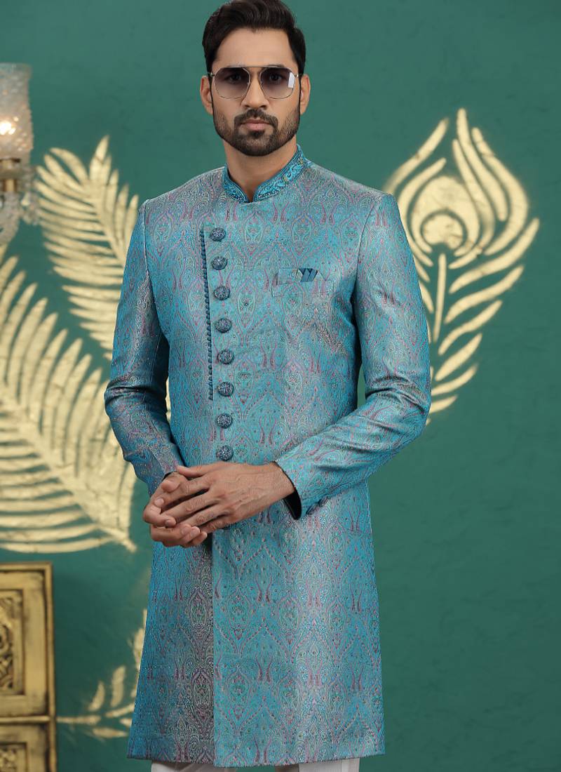 banarasi jacquard blue wedding wear neck work readymade groom