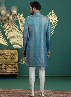 banarasi jacquard blue wedding wear neck work readymade groom 4