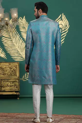 banarasi jacquard blue wedding wear neck work readymade groom