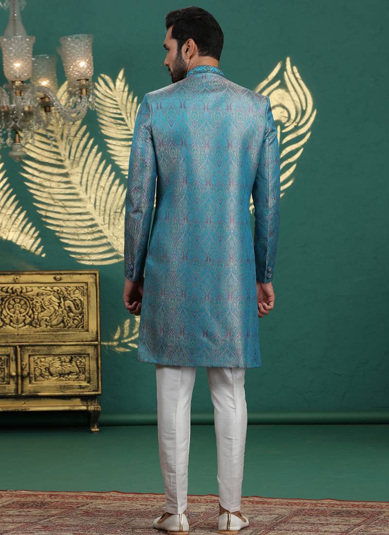 banarasi jacquard blue wedding wear neck work readymade groom