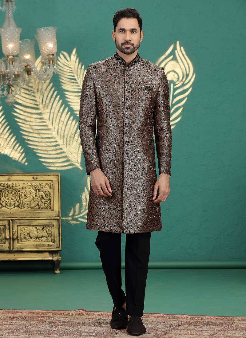 banarasi jacquard black wedding wear neck work readymade groom