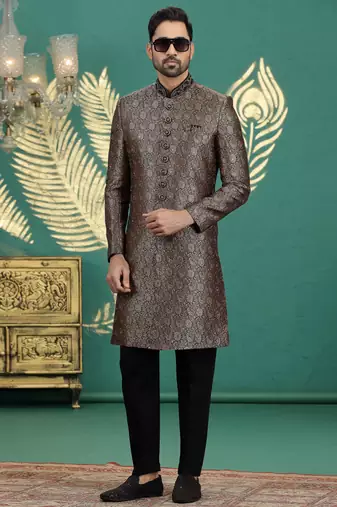 banarasi jacquard black wedding wear neck work readymade groom