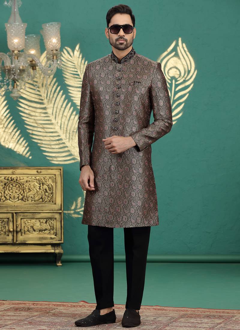 banarasi jacquard black wedding wear neck work readymade groom
