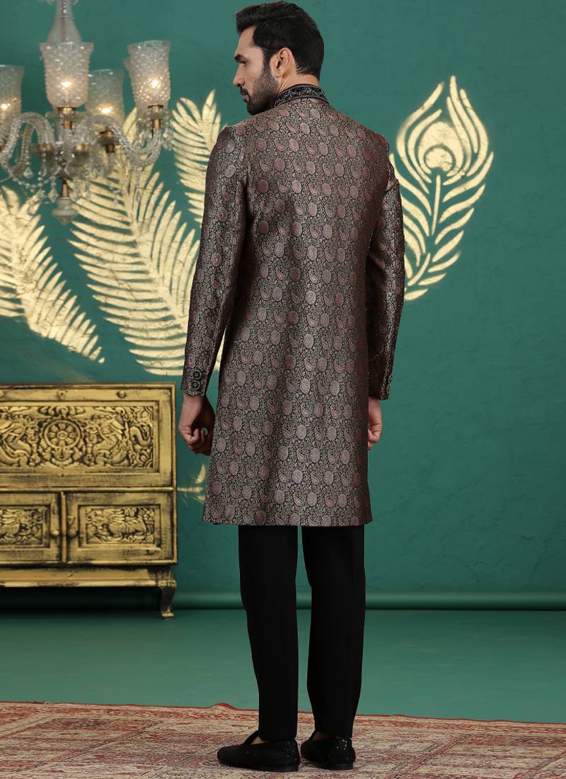 banarasi jacquard black wedding wear neck work readymade groom