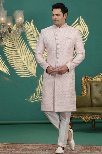 art silk light pink wedding wear hand embroidery readymade groom