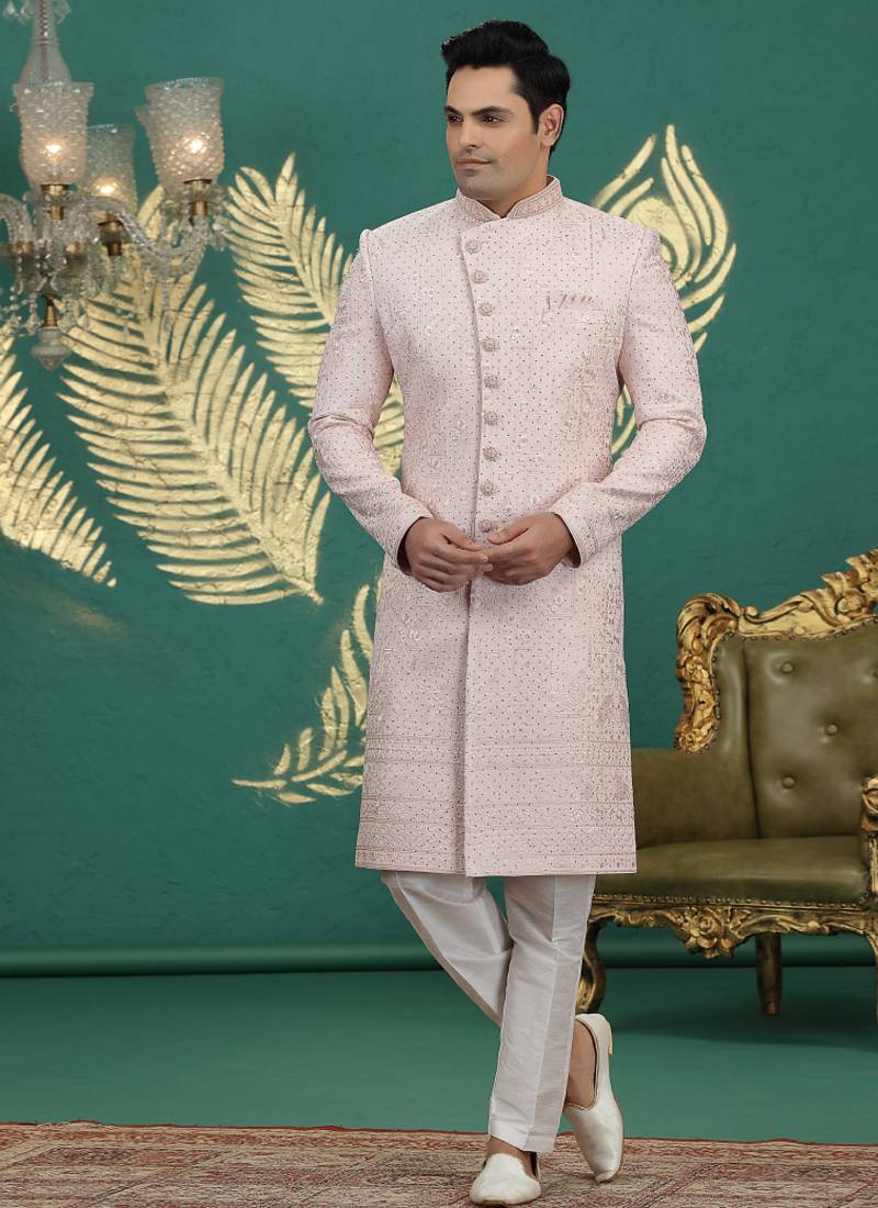 art silk light pink wedding wear hand embroidery readymade groom