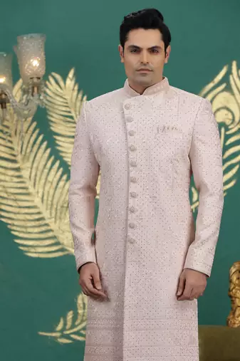 art silk light pink wedding wear hand embroidery readymade groom