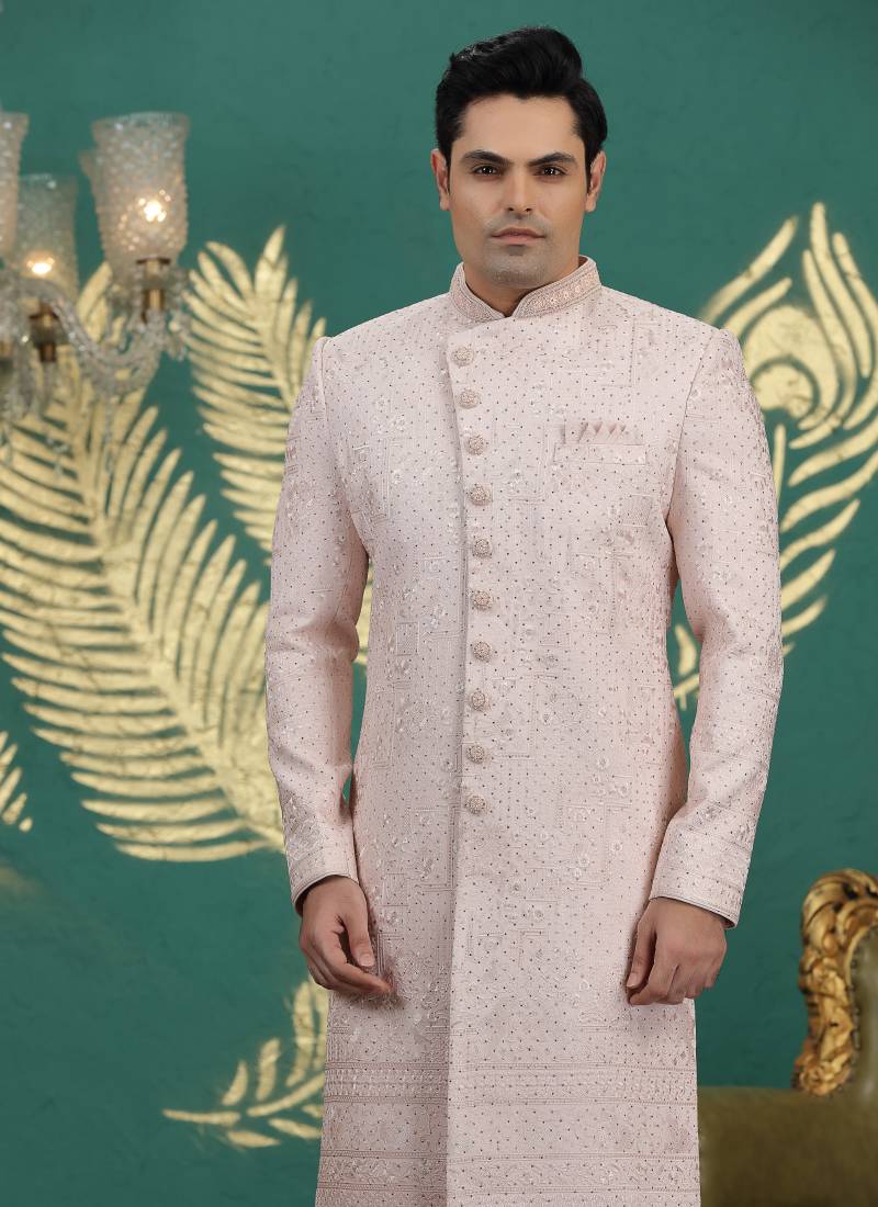 art silk light pink wedding wear hand embroidery readymade groom