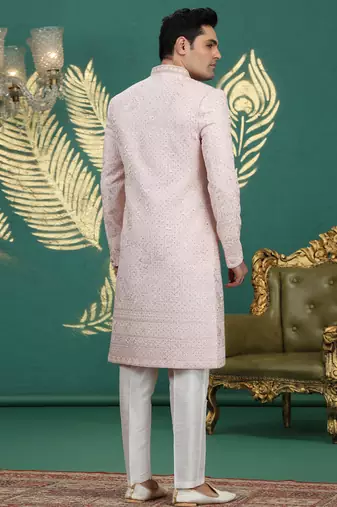 art silk light pink wedding wear hand embroidery readymade groom