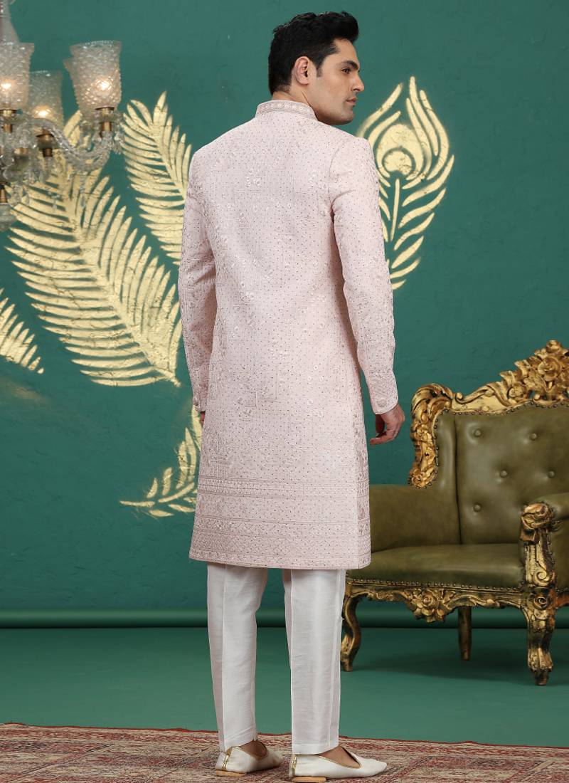 art silk light pink wedding wear hand embroidery readymade groom