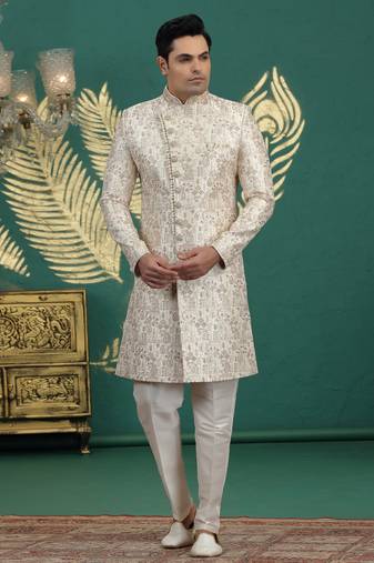 art silk off white wedding wear hand embroidery readymade groom