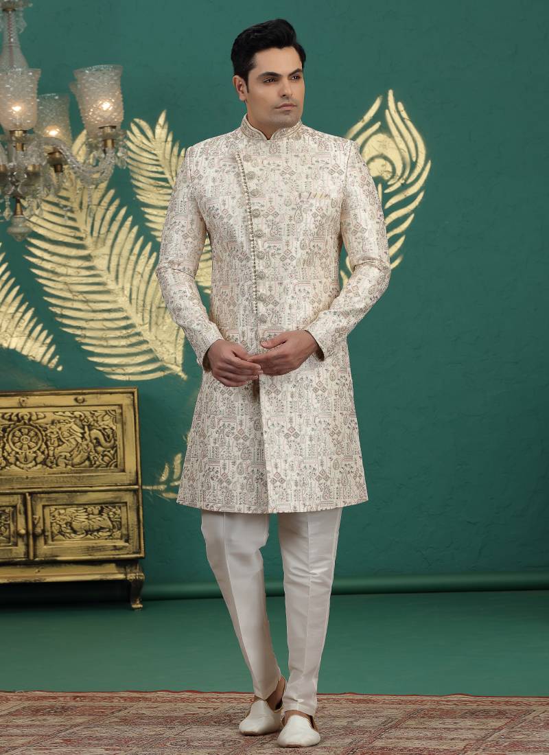 art silk off white wedding wear hand embroidery readymade groom