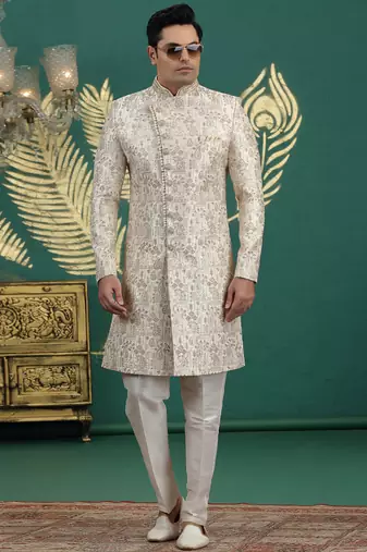 art silk off white wedding wear hand embroidery readymade groom