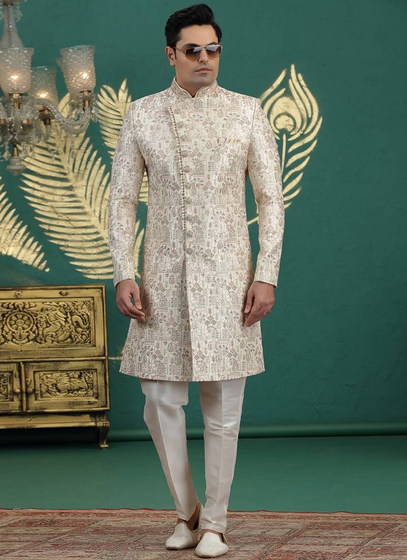 art silk off white wedding wear hand embroidery readymade groom