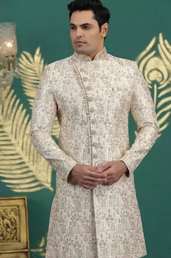 art silk off white wedding wear hand embroidery readymade groom