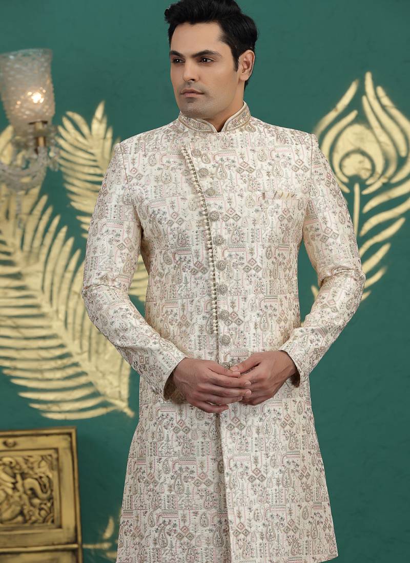 art silk off white wedding wear hand embroidery readymade groom
