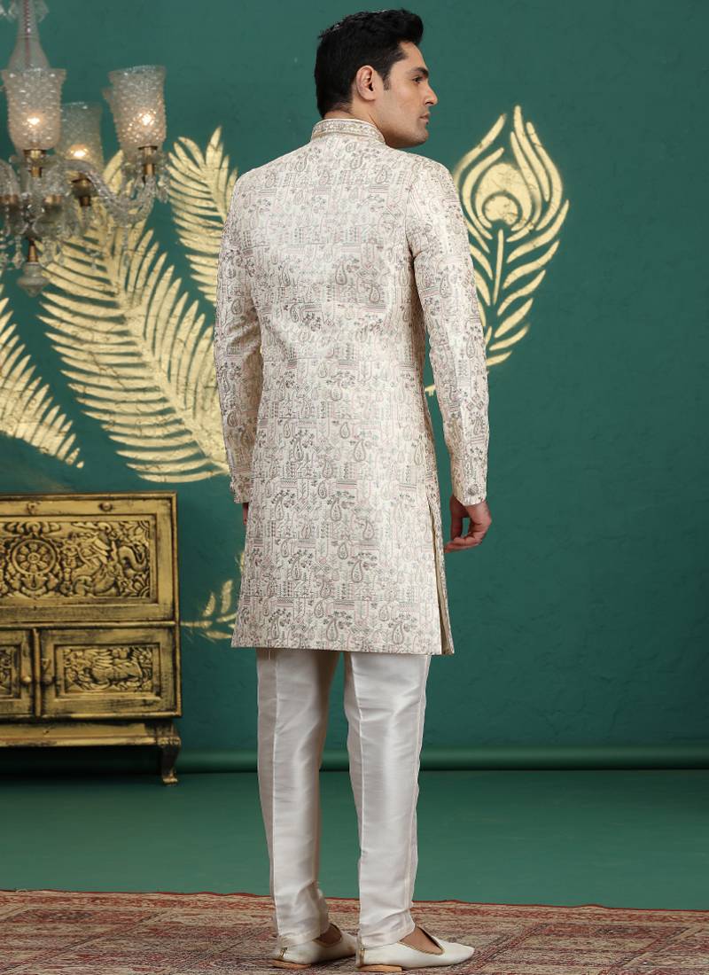 art silk off white wedding wear hand embroidery readymade groom