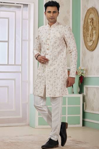 banarasi jacquard cream festival wear embroidery work readymade indo western