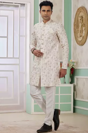 banarasi jacquard cream festival wear embroidery work readymade indo western