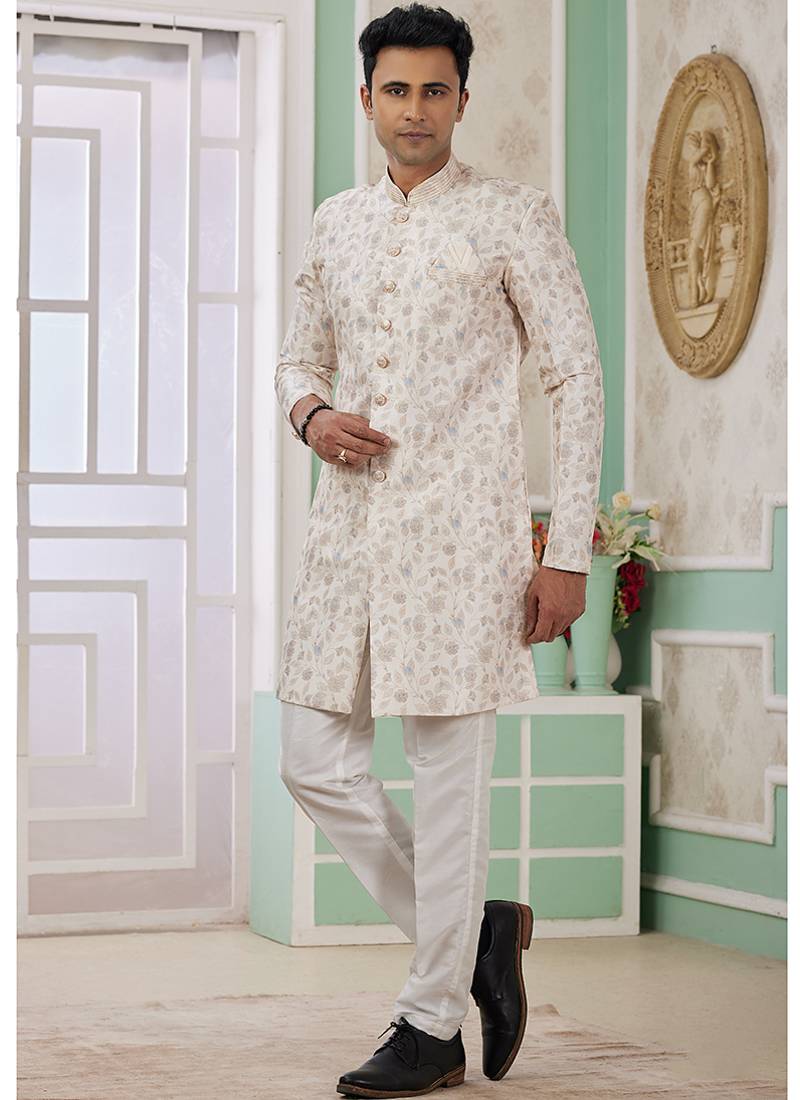 banarasi jacquard cream festival wear embroidery work readymade indo western