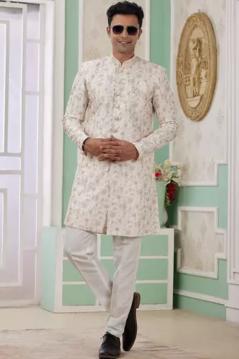 banarasi jacquard cream festival wear embroidery work readymade indo western